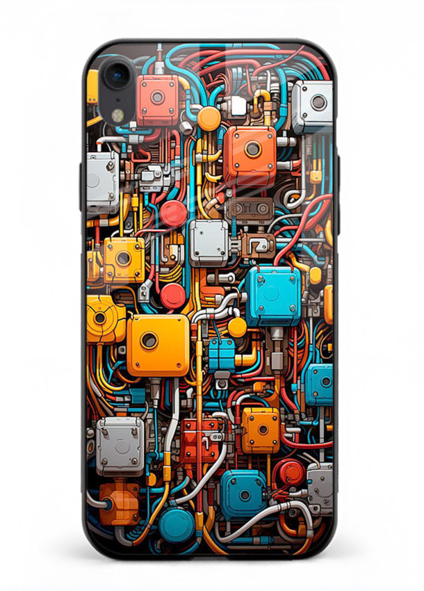 Dark futuristic circuit board design with glowing elements for iPhone XR Back Cover