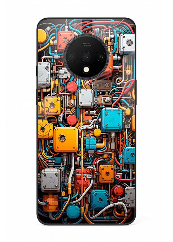 Dark futuristic circuit board design with glowing elements for OnePlus 7T Back Cover