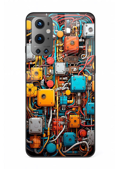 Dark futuristic circuit board design with glowing elements for OnePlus 9 Back Cover