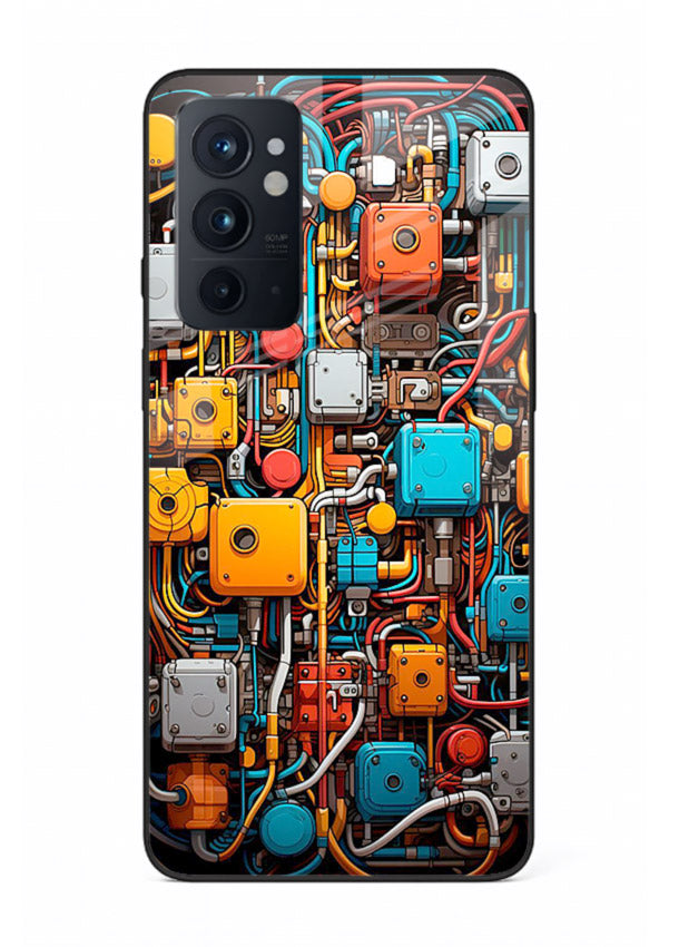 Dark futuristic circuit board design with glowing elements for OnePlus 9RT Back Cover