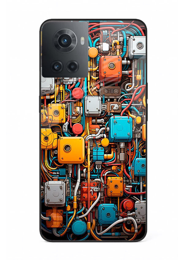 Dark futuristic circuit board design with glowing elements for OnePlus 10R Back Cover