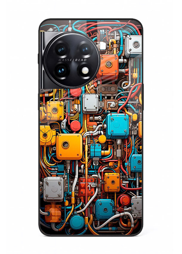 Dark futuristic circuit board design with glowing elements for OnePlus 11R Back Cover