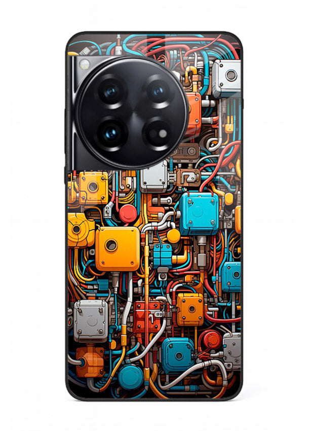 Dark futuristic circuit board design with glowing elements for OnePlus 12 Back Cover
