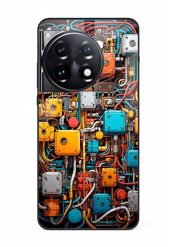 Dark futuristic circuit board design with glowing elements for OnePlus 12R Back Cover