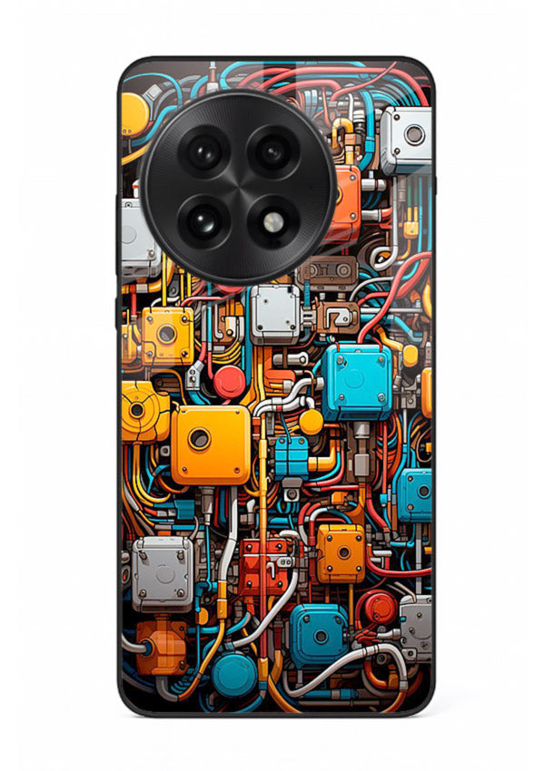 Dark futuristic circuit board design with glowing elements for OnePlus 13R Back Cover