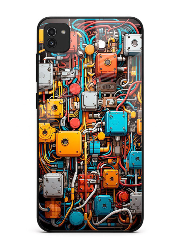 Dark futuristic circuit board design with glowing elements for Samsung A03 Back Cover