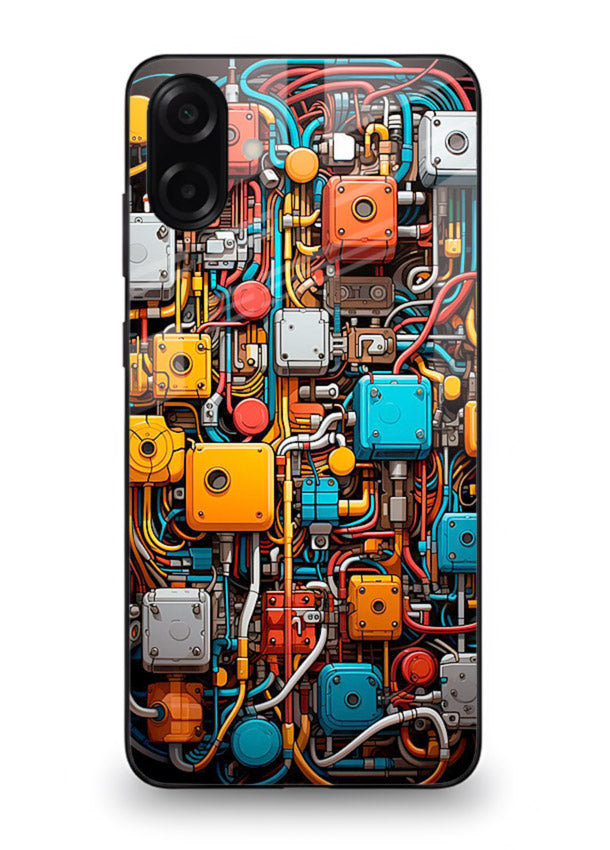 Dark futuristic circuit board design with glowing elements for Samsung A06 5G Back Cover