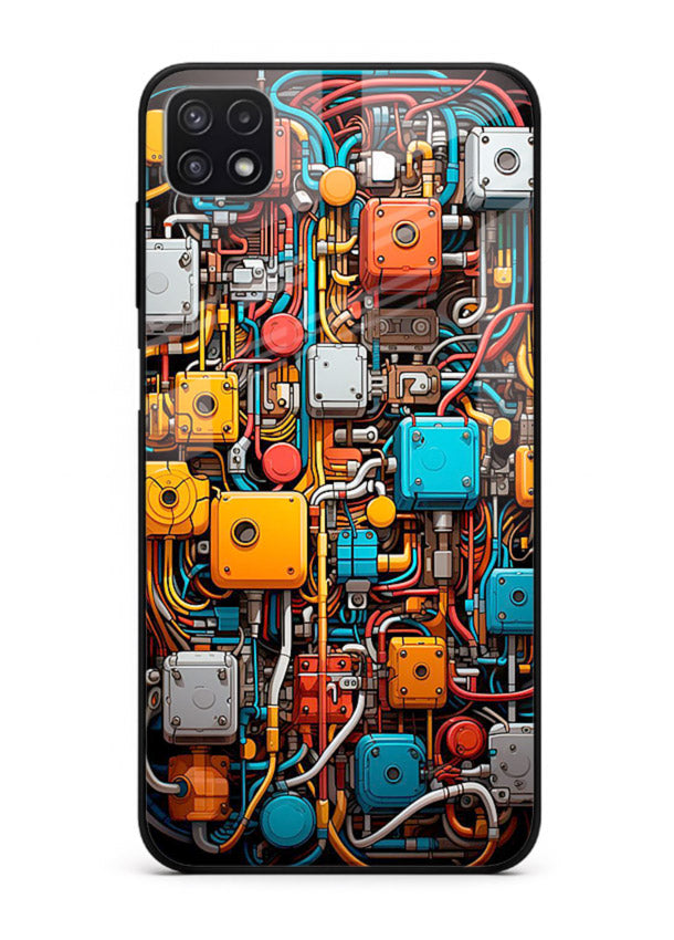 Dark futuristic circuit board design with glowing elements for Samsung A22 5G Back Cover