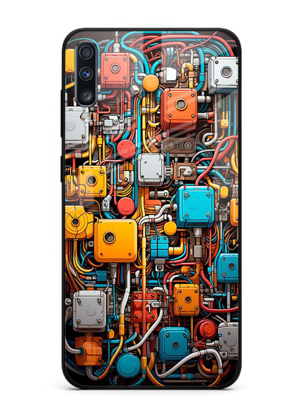 Dark futuristic circuit board design with glowing elements for Samsung A50 Back Cover