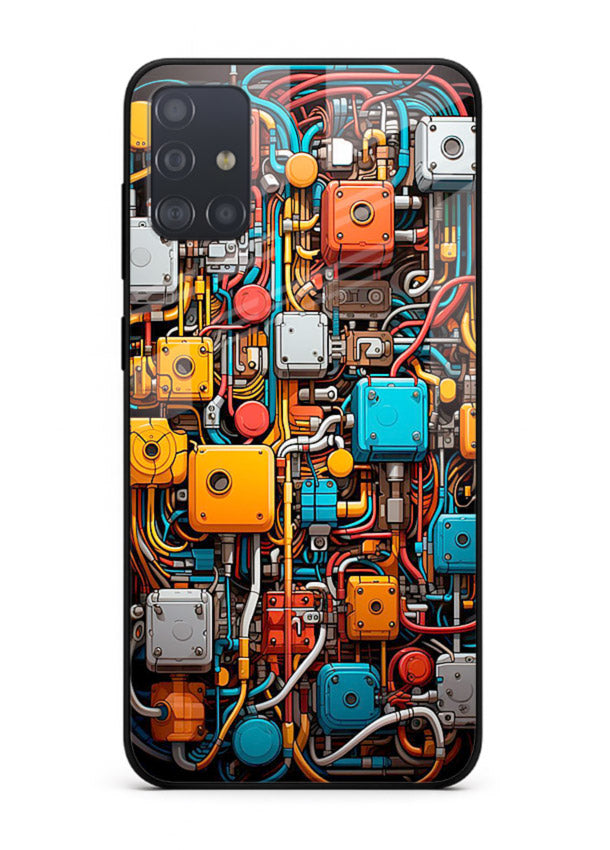 Dark futuristic circuit board design with glowing elements for Samsung A51 Back Cover