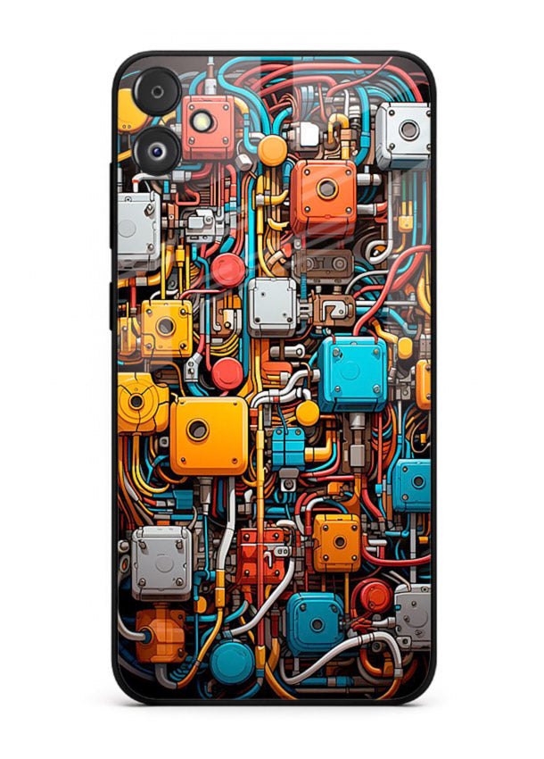 Dark futuristic circuit board design with glowing elements for Samsung F04 5G Back Cover