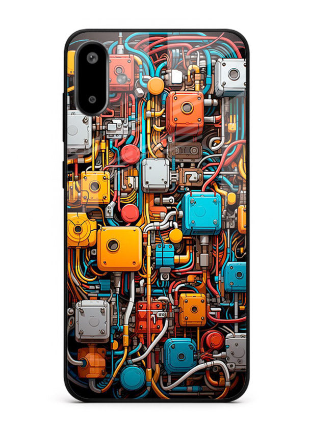 Dark futuristic circuit board design with glowing elements for Samsung F06 5G Back Cover