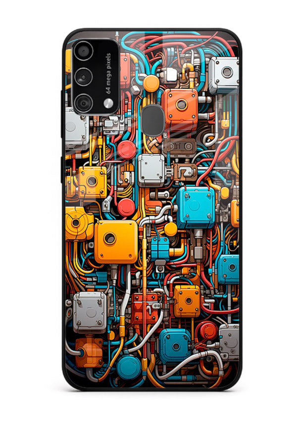 Dark futuristic circuit board design with glowing elements for Samsung F41 Back Cover