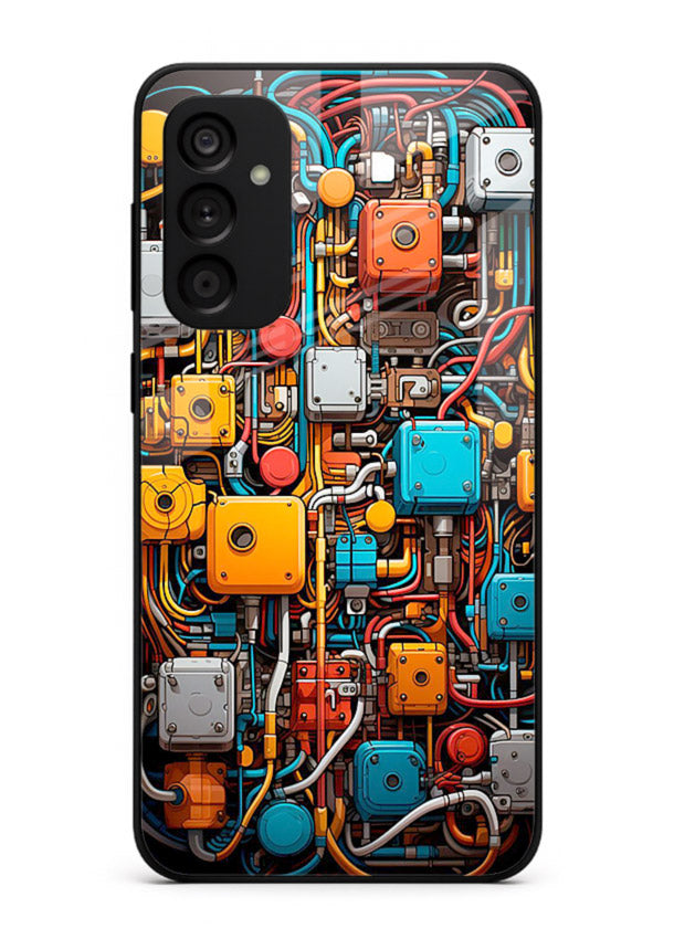 Dark futuristic circuit board design with glowing elements for Samsung F54 5G Back Cover
