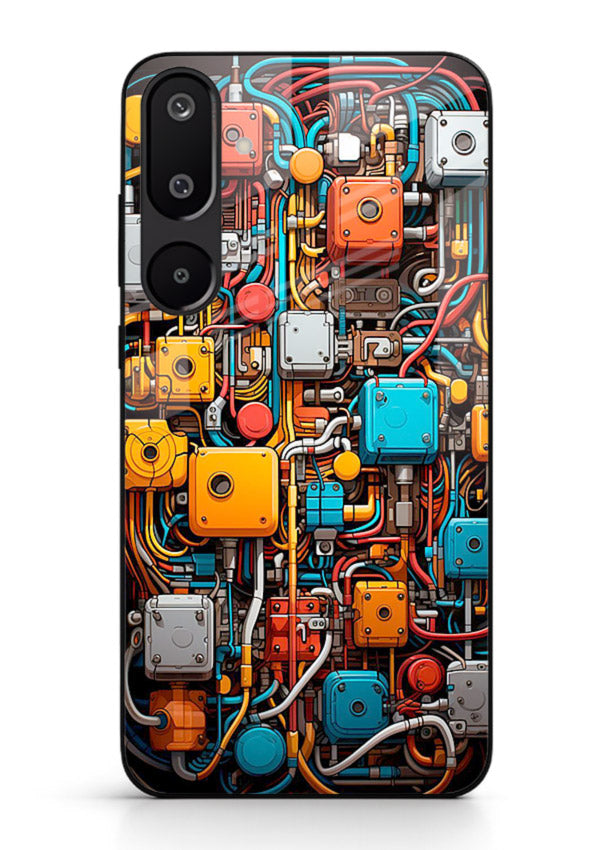 Dark futuristic circuit board design with glowing elements for Samsung F16 5G Back Cover