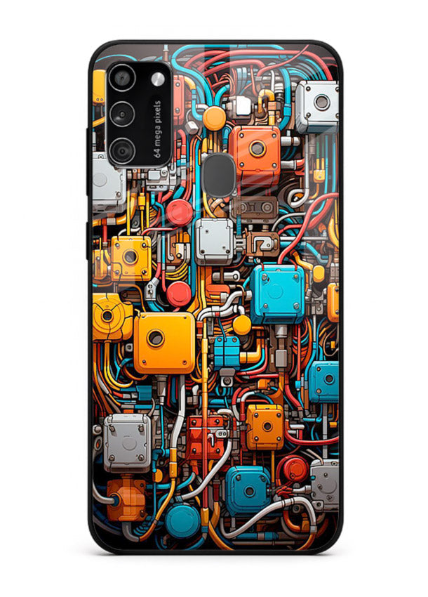Dark futuristic circuit board design with glowing elements for Samsung M21 Back Cover