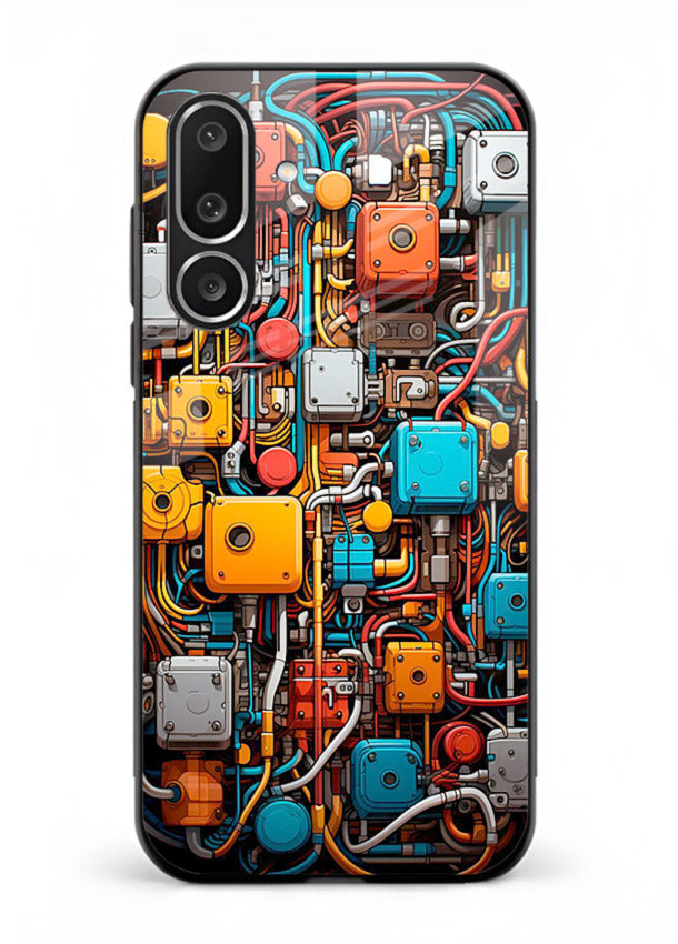 Dark futuristic circuit board design with glowing elements for Samsung M56 5G Back Cover