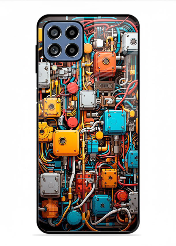 Dark futuristic circuit board design with glowing elements for Samsung M53 5G Back Cover