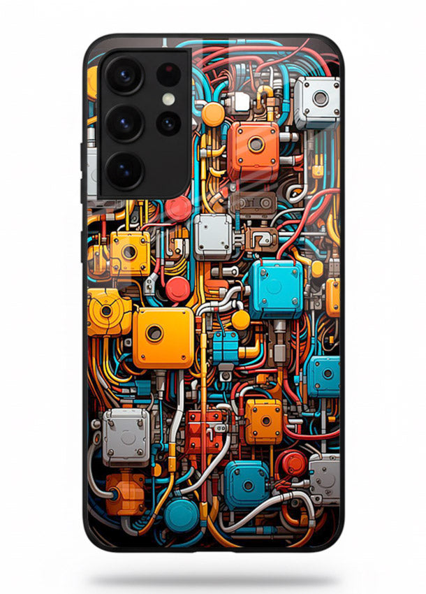 Dark futuristic circuit board design with glowing elements for Samsung S21 Ultra Back Cover