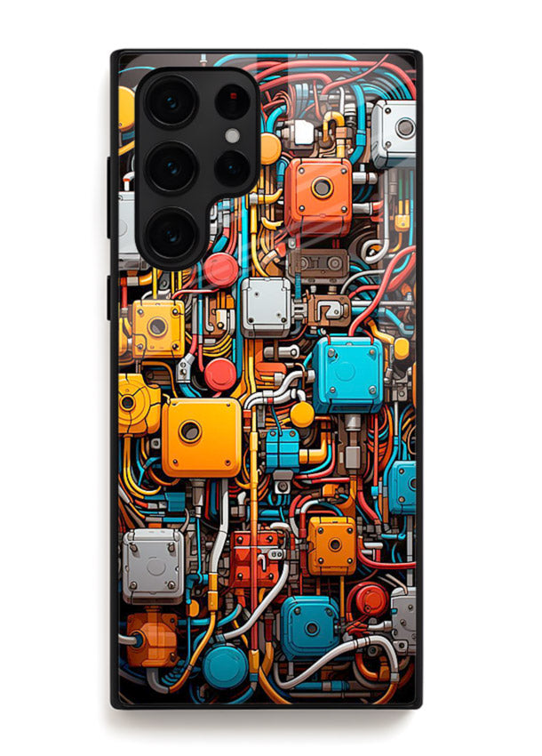 Dark futuristic circuit board design with glowing elements for Samsung S24 Ultra Back Cover