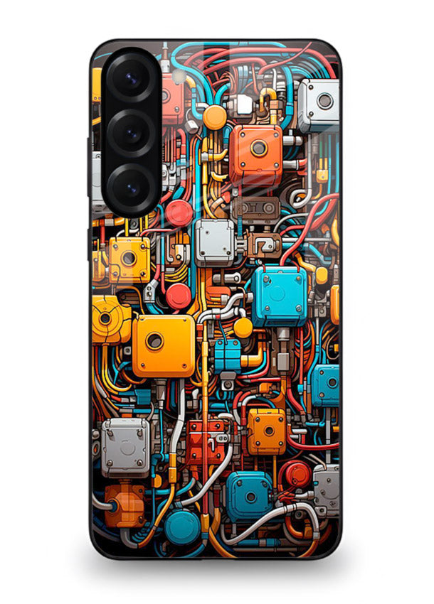 Dark futuristic circuit board design with glowing elements for Samsung S23 Back Cover