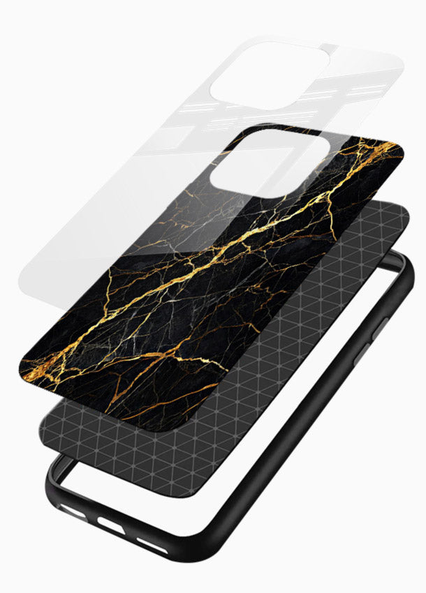 Emerald Gold River glossy vibrant premium glass back cover with emerald marble and gold river veins - Angle Layers