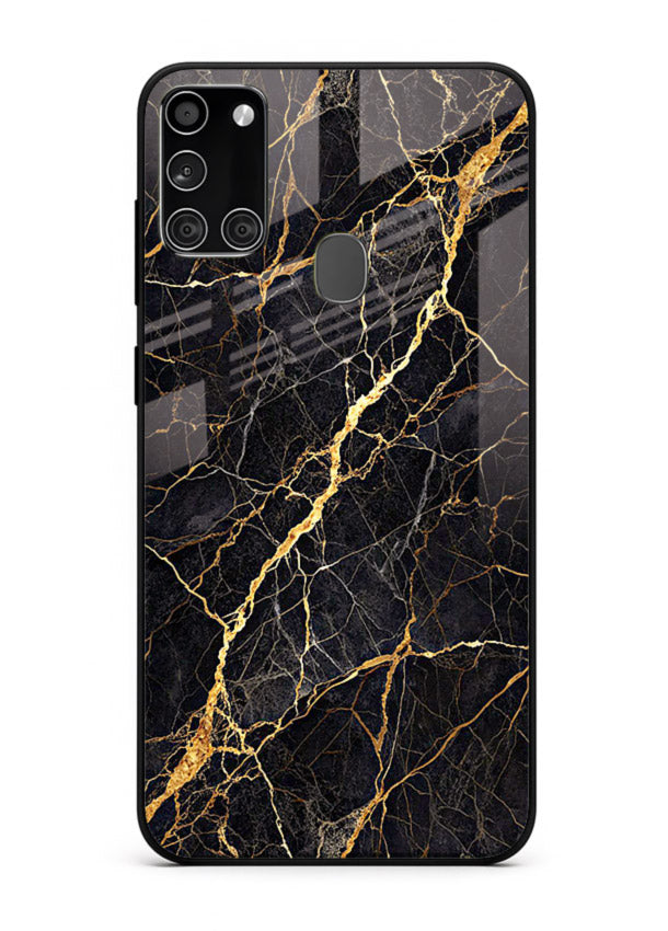 Emerald Gold River Samsung A21s glass back cover with emerald marble and gold river veins