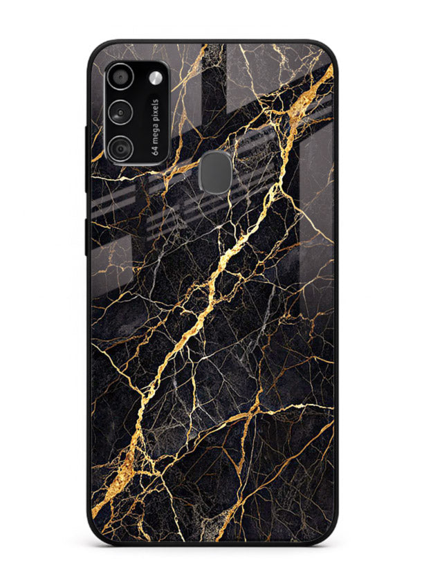 Emerald Gold River Samsung M30s glass back cover with emerald marble and gold river veins
