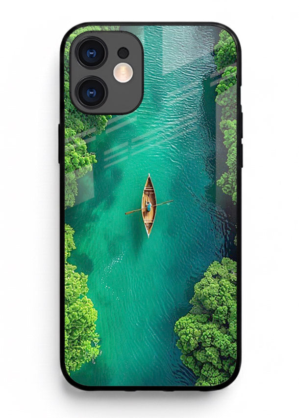 Emerald River Boat calm green river artwork iphone 12 glass back cover