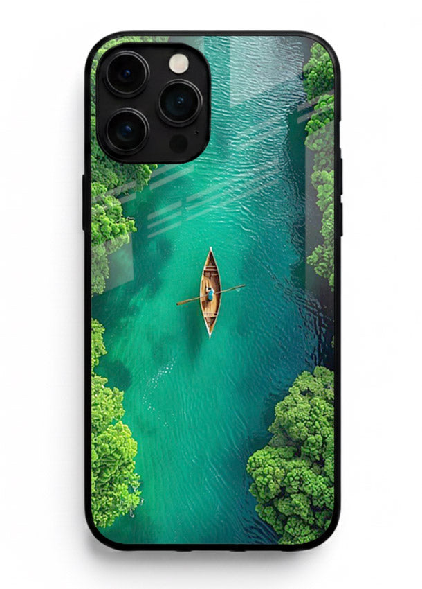 Emerald River Boat calm green river artwork iphone 14 pro max glass back cover