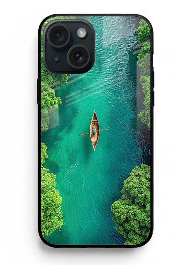 Emerald River Boat calm green river artwork iphone 13 glass back cover