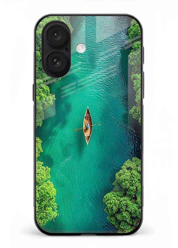 Emerald River Boat calm green river artwork iphone 16 plus glass back cover