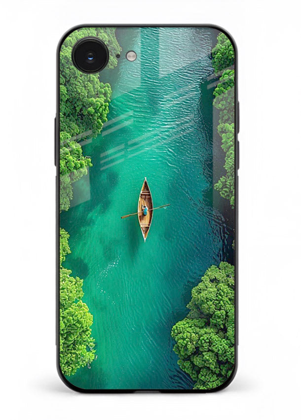 Emerald River Boat calm green river artwork iphone 16e glass back cover