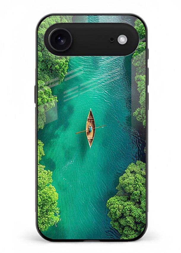 Emerald River Boat calm green river artwork iphone 17 air glass back cover