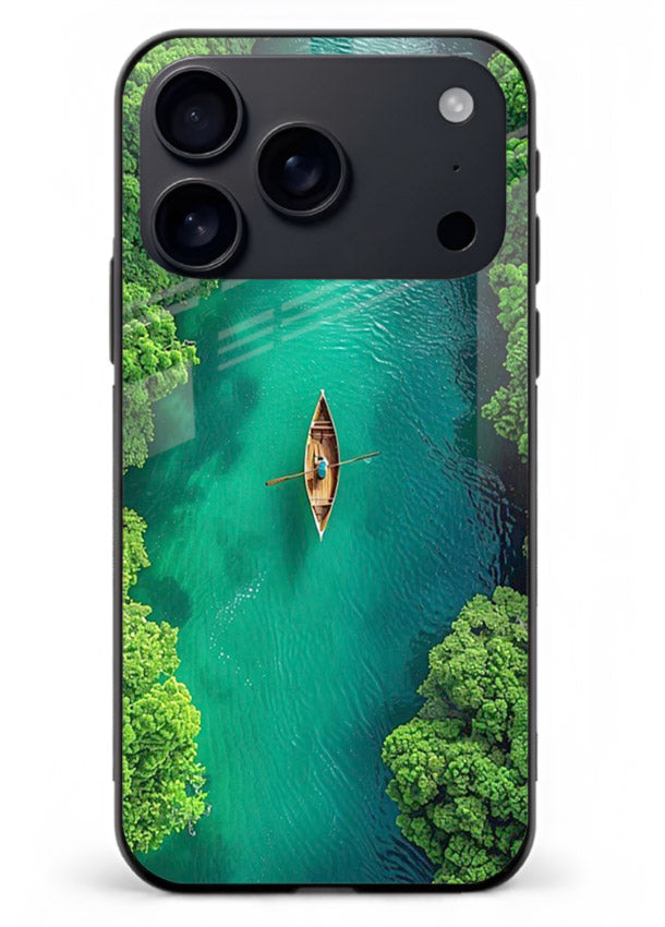 Emerald River Boat calm green river artwork iphone 17 pro max glass back cover