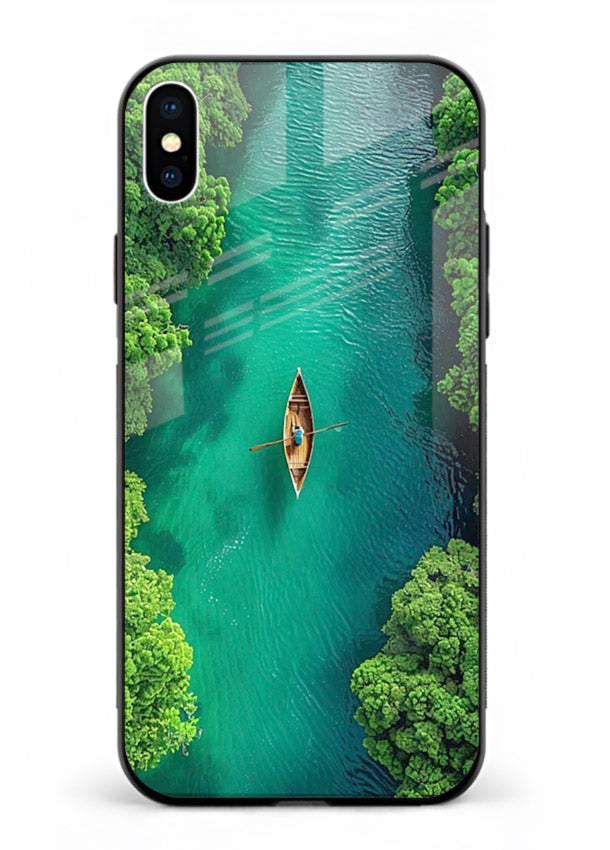 Emerald River Boat calm green river artwork iphone xs max glass back cover