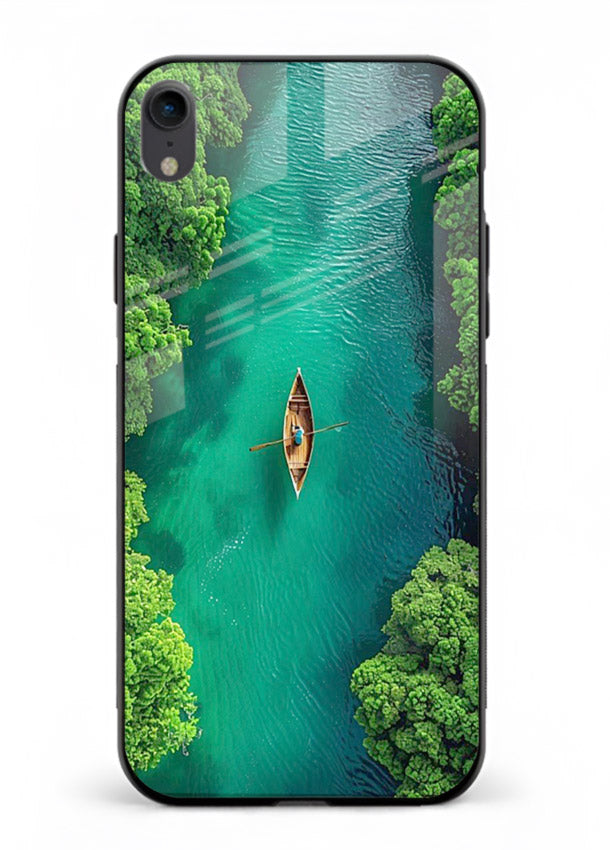 Emerald River Boat calm green river artwork iphone xr glass back cover