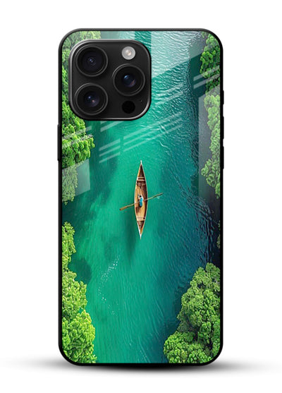 Emerald River Boat calm green river artwork glossy vibrant premium glass back cover - Angle Front