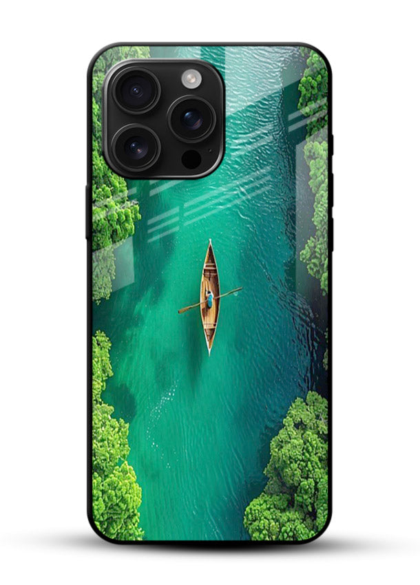 Emerald River Boat calm green river artwork glossy vibrant premium glass back cover - Angle Front