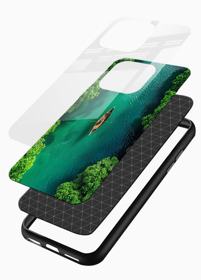Emerald River Boat calm green river artwork glossy vibrant premium glass back cover - Angle Layers