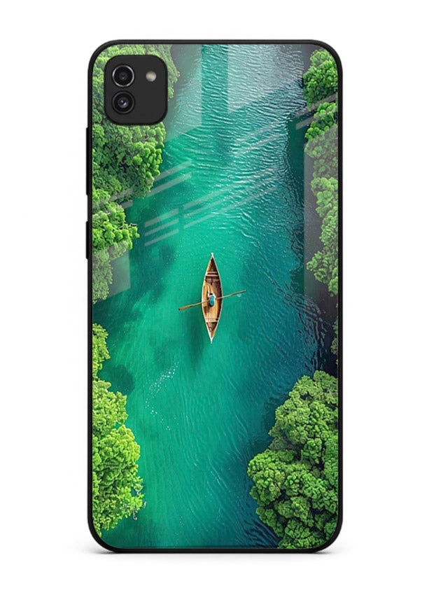 Emerald River Boat calm green river artwork Samsung A03 glass back cover