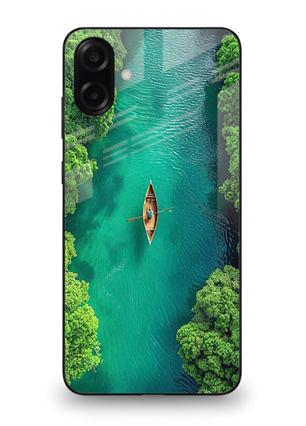 Emerald River Boat calm green river artwork Samsung M13 5G glass back cover