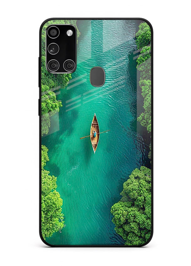 Emerald River Boat calm green river artwork Samsung A21s glass back cover