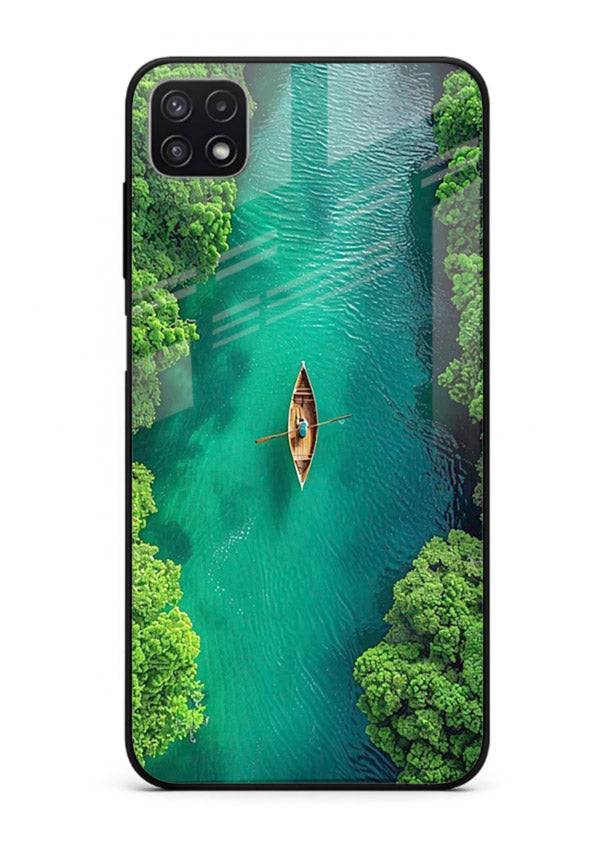 Emerald River Boat calm green river artwork Samsung F42 5G glass back cover