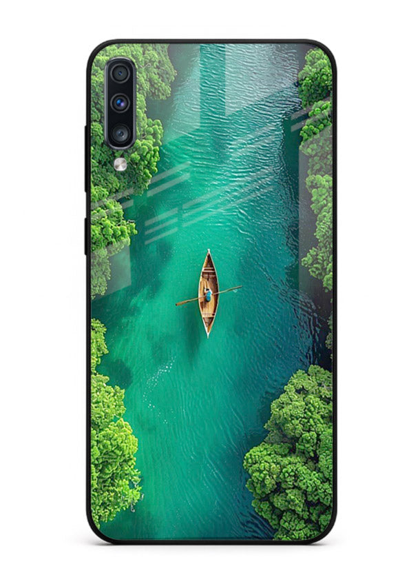 Emerald River Boat calm green river artwork Samsung A70 glass back cover