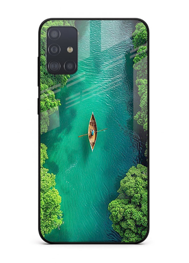 Emerald River Boat calm green river artwork Samsung A71 glass back cover