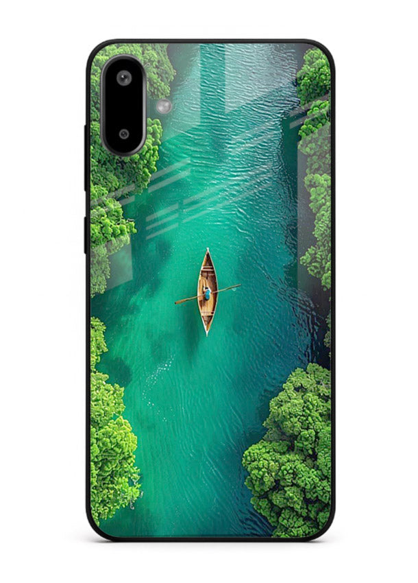 Emerald River Boat calm green river artwork Samsung F06 5G glass back cover