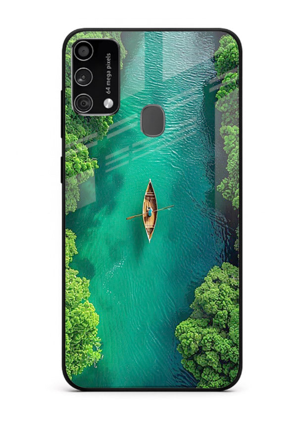 Emerald River Boat calm green river artwork Samsung F41 glass back cover