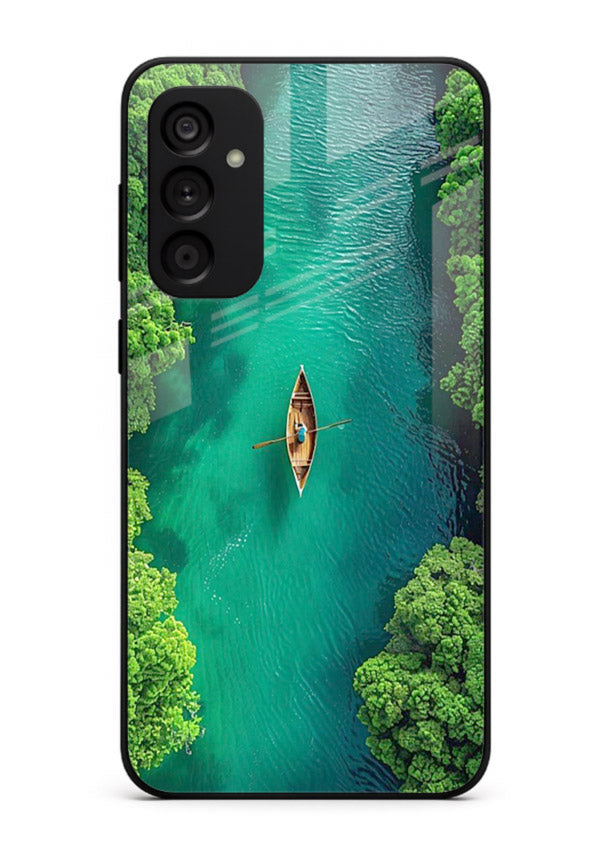 Emerald River Boat calm green river artwork Samsung F55 5G glass back cover