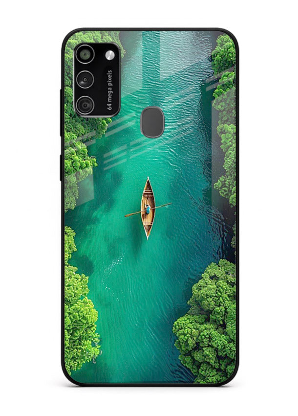 Emerald River Boat calm green river artwork Samsung M21 glass back cover
